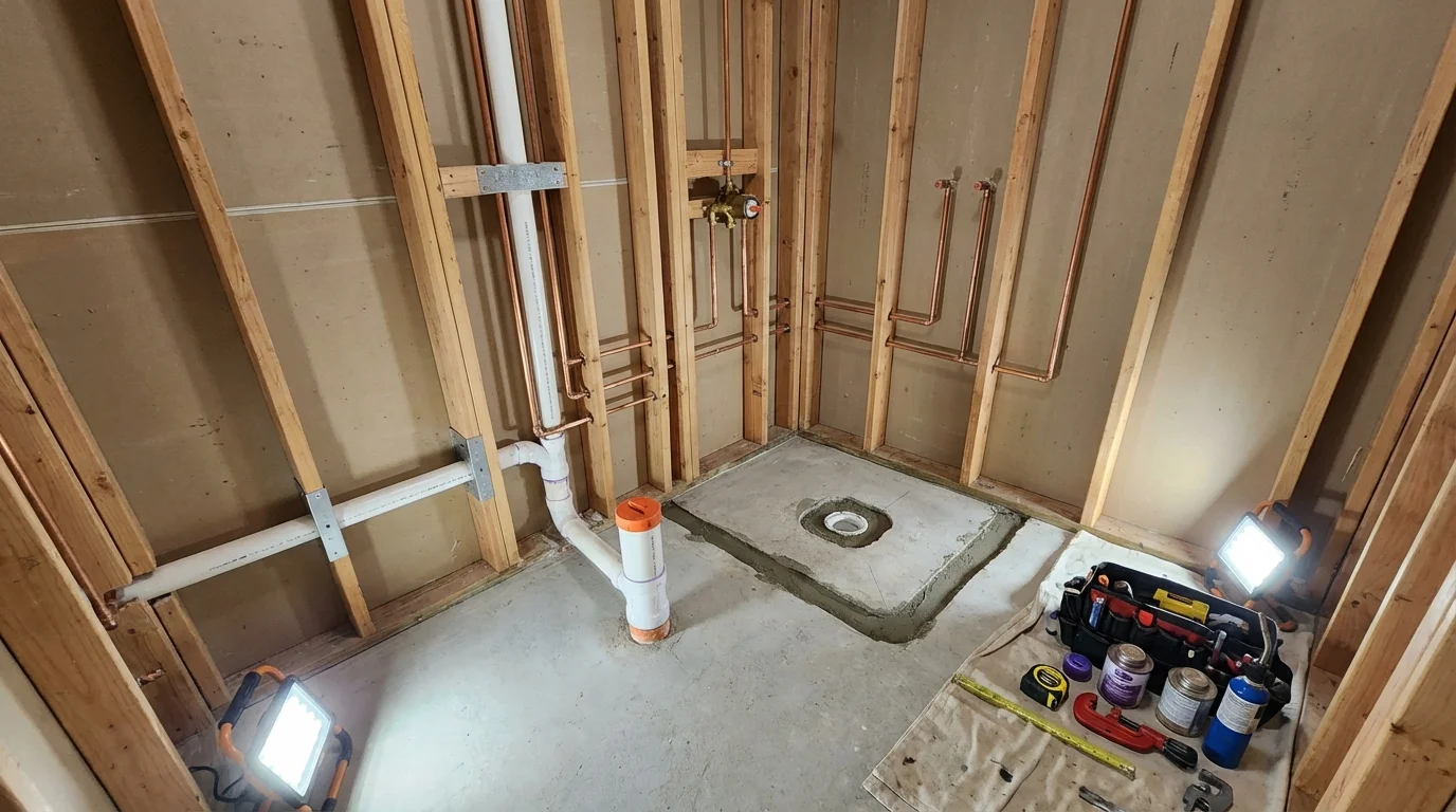 Bathroom rough-in plumbing during remodel by Johns Plumbing LLC in Morovis