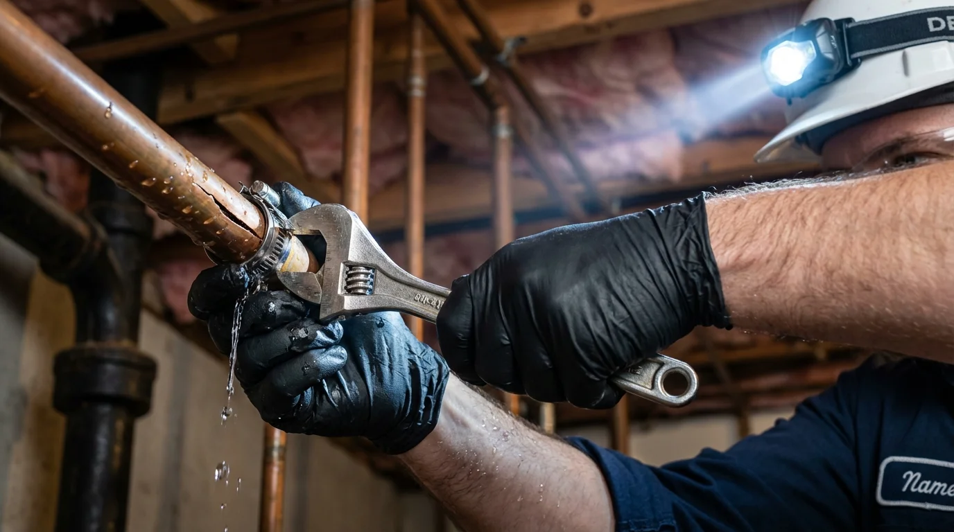 Emergency pipe clamp repair being performed by a Johns Plumbing LLC plumber in Morovis