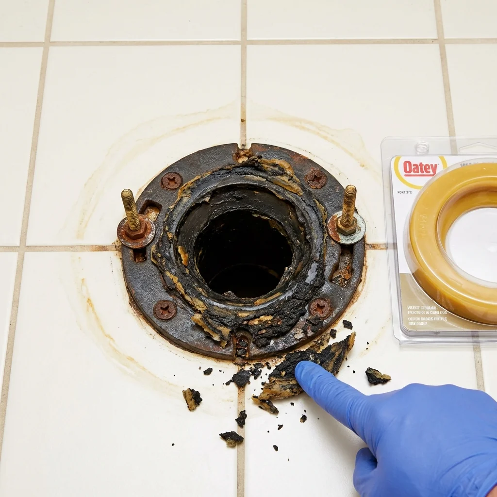 Failed wax ring showing water seepage at the base of a toilet in a Morovis, PR home
