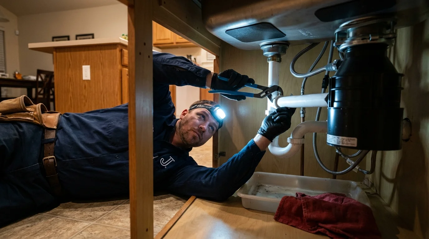 P-trap and supply line connections under a kitchen sink showing a common leak point in Morovis, PR